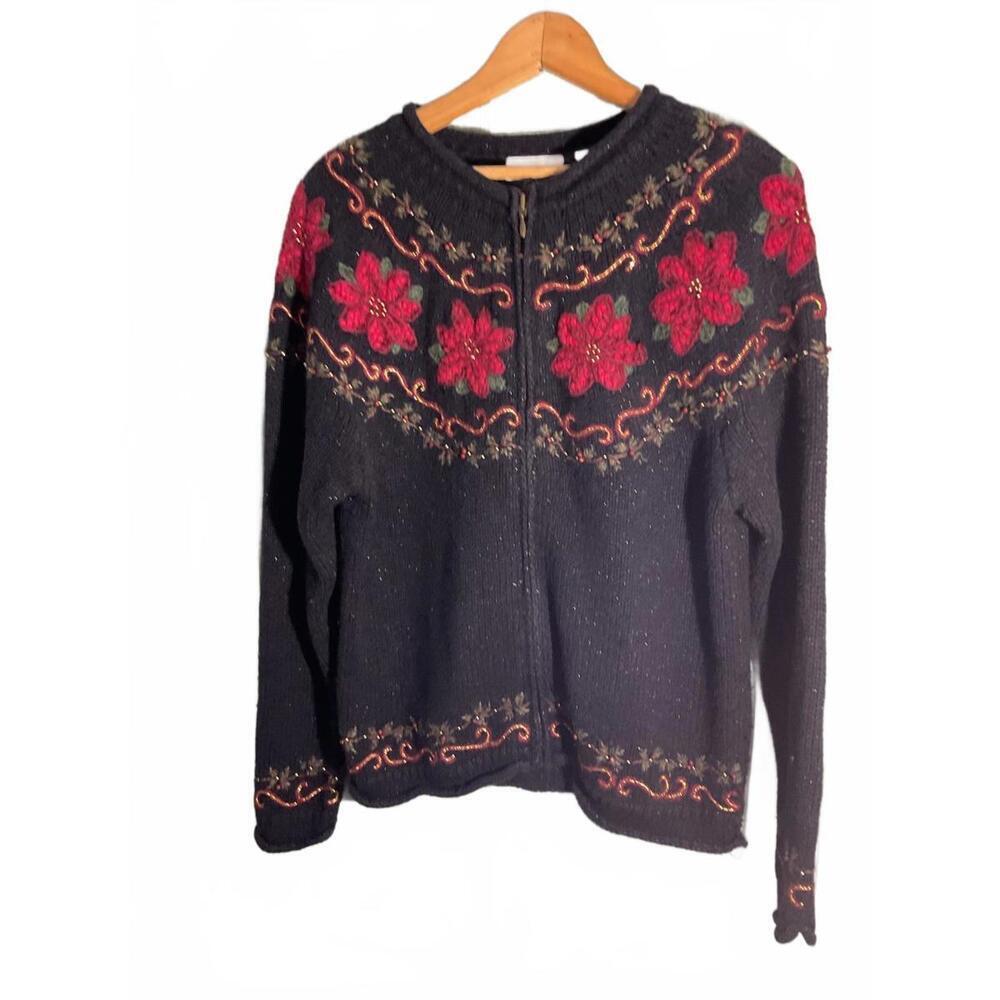 Black Zip-Up Holiday Wool Blend Sweater with Red Botanical Embroidery Small